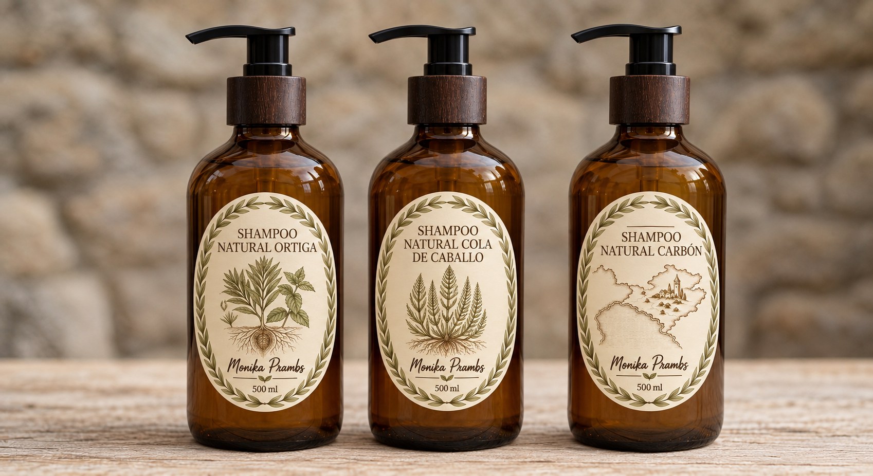 Línea premium Monika Prambs: shampoo natural de Ortiga, Cola de Caballo y Carbón